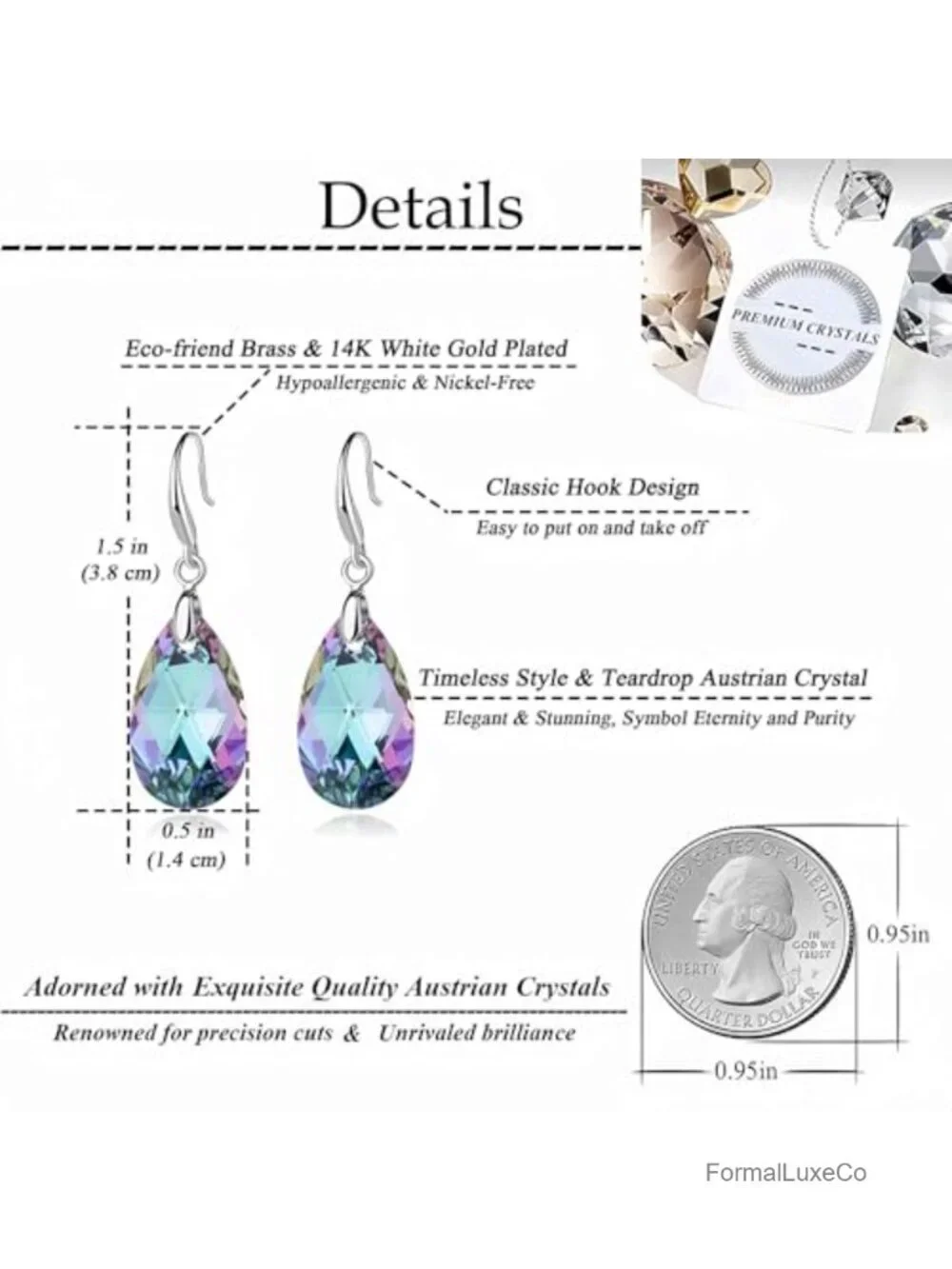 Austrian Crystal Teardrop Dangle Hook Earrings 14K Gold Plated Hypoallergenic